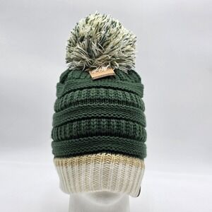 C.C Women OS Exclusive University College Pom Pom Hat‎ Beanie Green White NWT